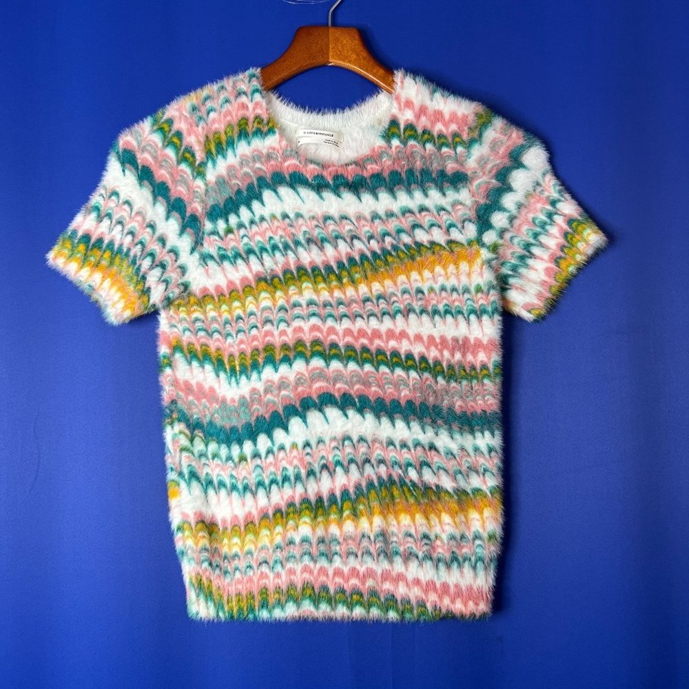 Anthropologie Womens Sweater Size XS Short Sleeve Marbled Watercolor Fuzzy Boho